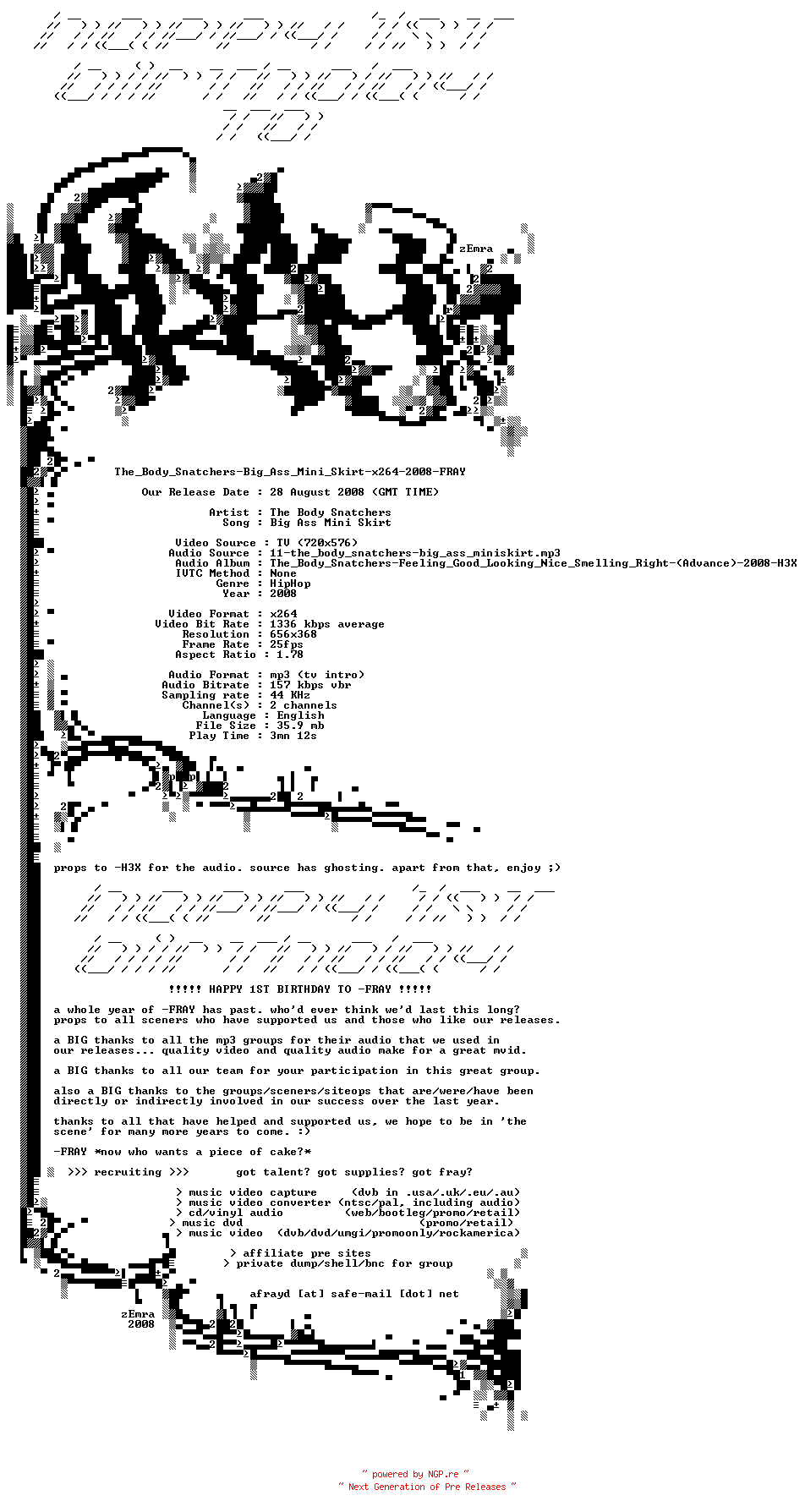 NFO for the release The_Body_Snatchers-Big_Ass_Mini_Skirt-x264-2008-FRAY by FRAY