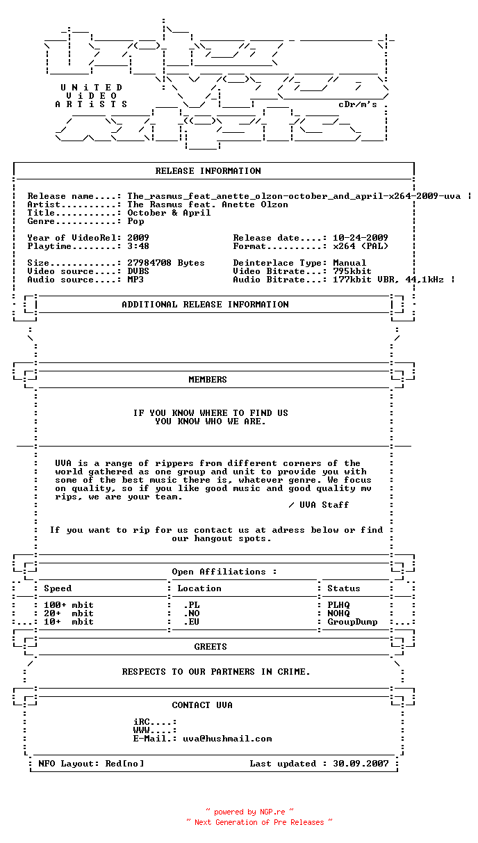 NFO for the release The_rasmus_feat_anette_olzon-october_and_april-x264-2009-uva by uva
