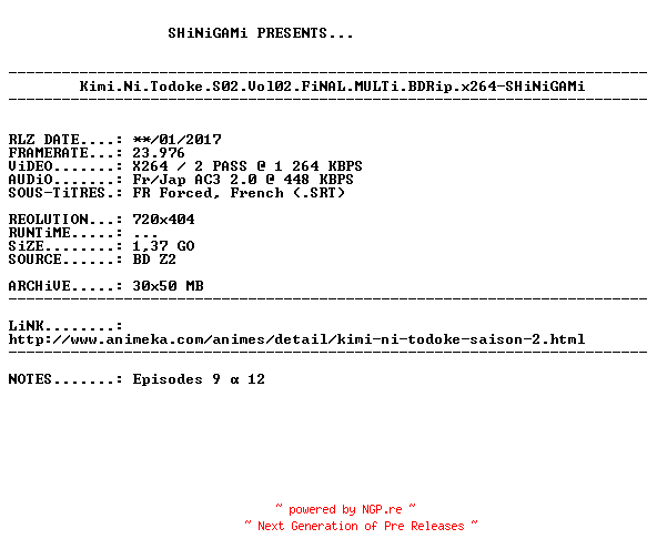 NFO for the release Kimi.Ni.Todoke.S02.Vol02.FiNAL.MULTi.BDRip.x264-SHiNiGAMi by SHiNiGAMi
