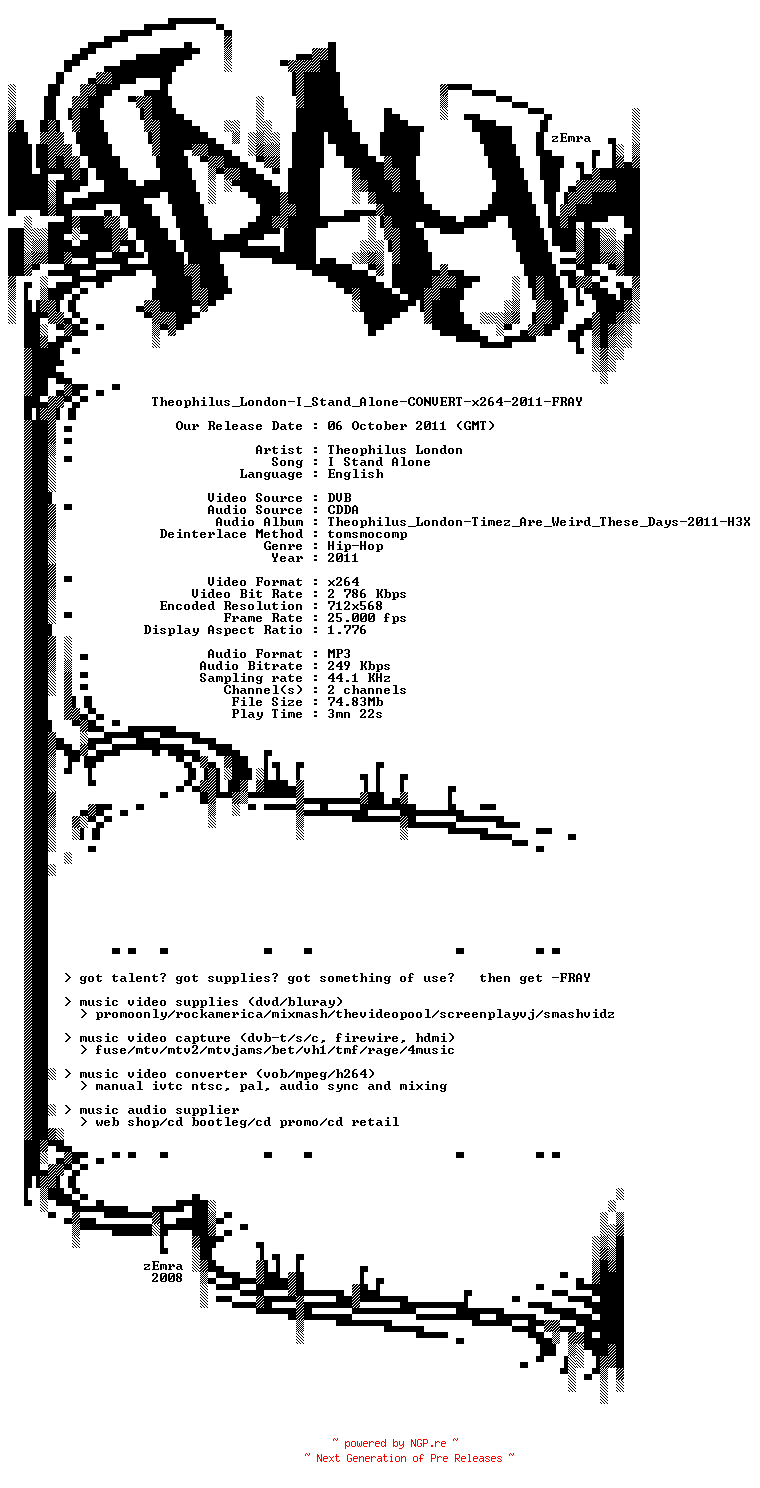 NFO for the release Theophilus_London-I_Stand_Alone-CONVERT-x264-2011-FRAY by FRAY
