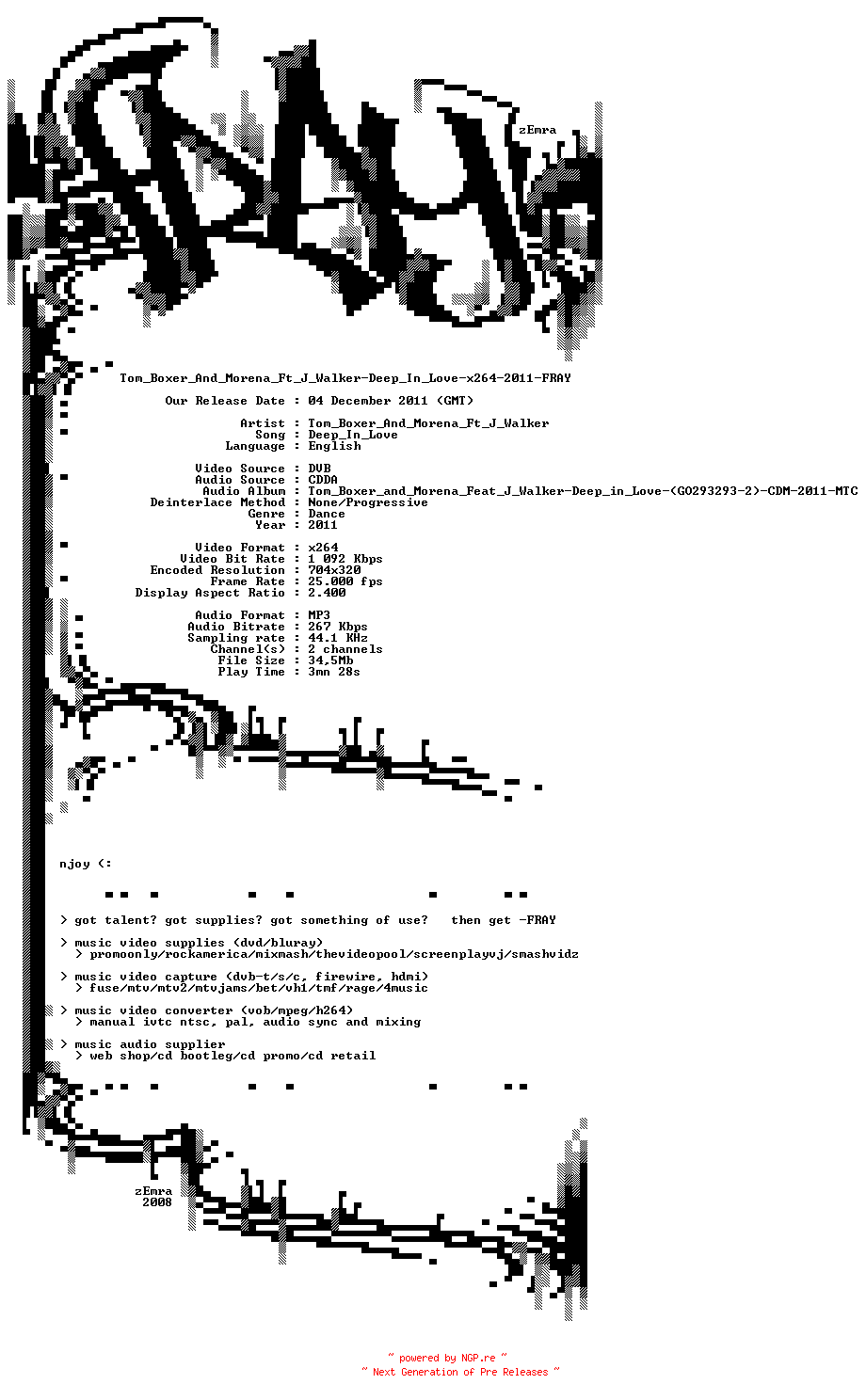 NFO for the release Tom_Boxer_And_Morena_Ft_J_Walker-Deep_In_Love-x264-2011-FRAY by FRAY