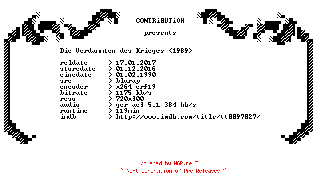 NFO for the release Die.Verdammten.des.Krieges.EXTENDED.1989.German.BDRip.iNTERNAL.x264-CONTRiBUTiON by CONTRiBUTiON