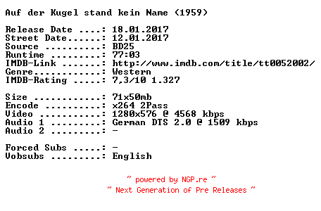 NFO for the release Auf.der.Kugel.stand.kein.Name.1959.German.720p.BluRay.x264-SPiCY by SPiCY
