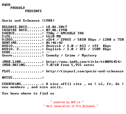 NFO for the release Genie.und.Schnauze.1988.German.AC3D.DL.720p.BluRay.x264-HQOD by HQOD