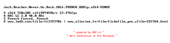 NFO for the release Jack.Reacher.Never.Go.Back.2016.FRENCH.BDRip.x264-VENUE by VENUE