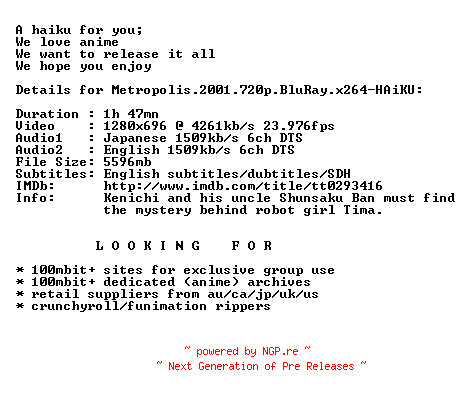 NFO for the release Metropolis.2001.720p.BluRay.x264-HAiKU by HAiKU