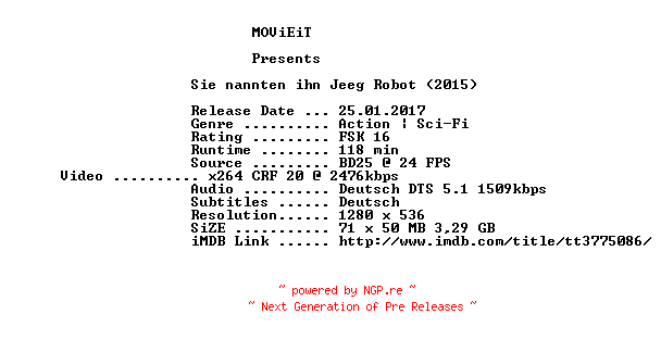 NFO for the release Sie.nannten.ihn.Jeeg.Robot.2016.German.720p.BluRay.x264-MOViEiT by MOViEiT
