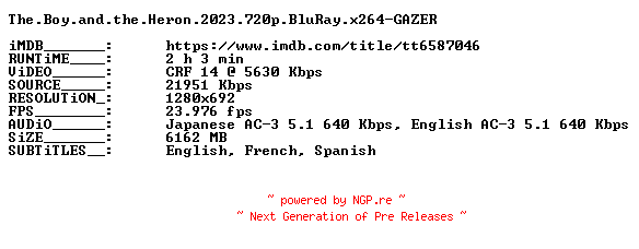 NFO for the release The.Boy.and.the.Heron.2023.720p.BluRay.x264-GAZER by GAZER
