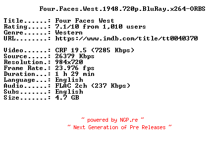 NFO for the release Four.Faces.West.1948.720p.BluRay.x264-ORBS by ORBS