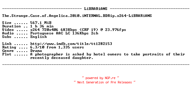 NFO for the release The.Strange.Case.of.Angelica.2010.iNTERNAL.BDRip.x264-LiBRARiANS by LiBRARiANS