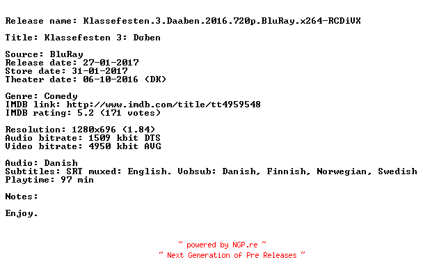 NFO for the release Klassefesten.3.Daaben.2016.720p.BluRay.x264-RCDiVX by RCDiVX