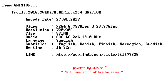 NFO for the release Trolls.2016.SWEDiSH.BDRip.x264-GNiSTOR by GNiSTOR