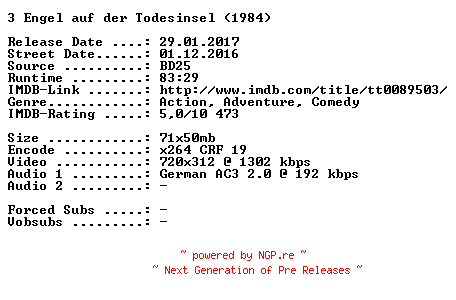 NFO for the release Drei.Engel.auf.der.Todesinsel.German.1984.AC3.BDRip.x264-SPiCY by SPiCY