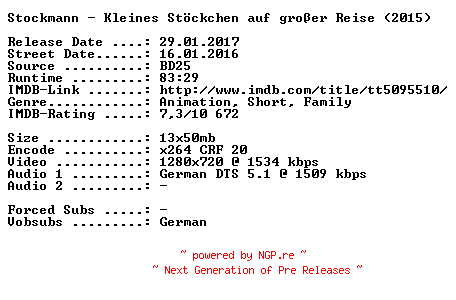 NFO for the release Stockmann.Kleines.Stoeckchen.auf.grosser.Reise.2015.German.720p.BluRay.x264-SPiCY by SPiCY