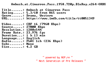 NFO for the release Ambush.at.Cimarron.Pass.1958.720p.BluRay.x264-ORBS by ORBS