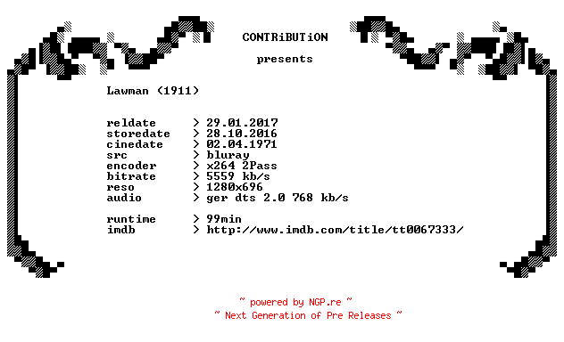 NFO for the release Lawman.1971.German.720p.BluRay.x264-CONTRiBUTiON by CONTRiBUTiON