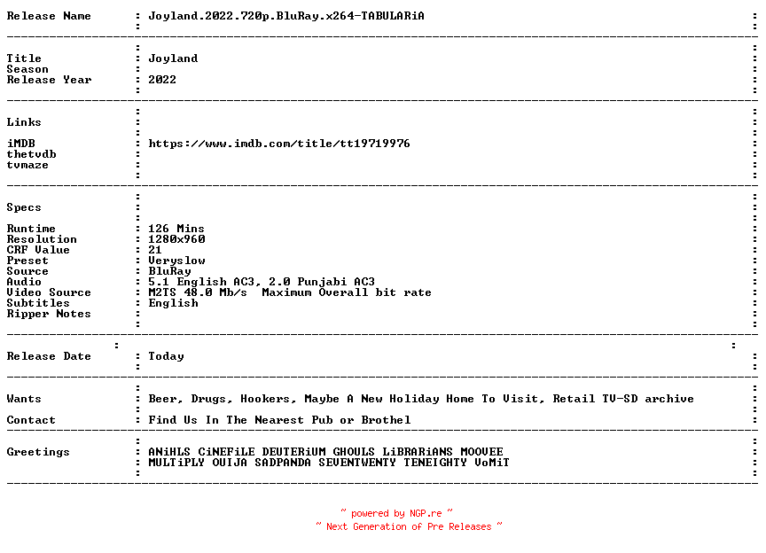NFO for the release Joyland.2022.720p.BluRay.x264-TABULARiA by TABULARiA