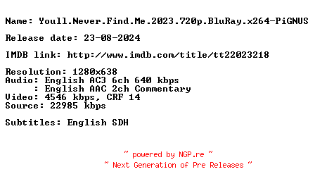 NFO for the release Youll.Never.Find.Me.2023.720p.BluRay.x264-PiGNUS by PiGNUS