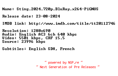 NFO for the release Sting.2024.720p.BluRay.x264-PiGNUS by PiGNUS