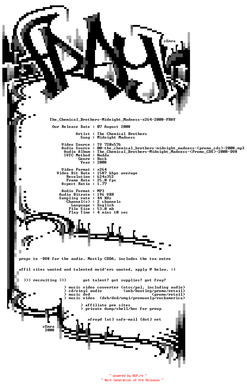NFO for the release The_Chemical_Brothers-Midnight_Madness-x264-2008-FRAY by FRAY