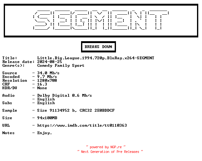 NFO for the release Little.Big.League.1994.720p.BluRay.x264-SEGMENT by SEGMENT