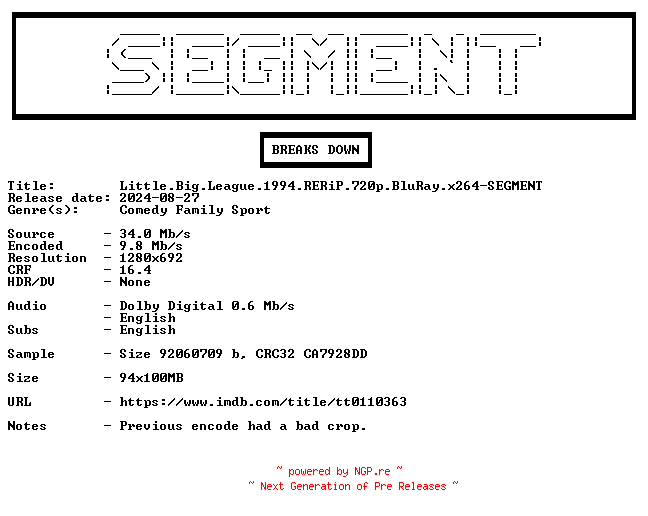 NFO for the release Little.Big.League.1994.RERiP.720p.BluRay.x264-SEGMENT by SEGMENT