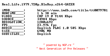 NFO for the release Real.Life.1979.720p.BluRay.x264-GAZER by GAZER