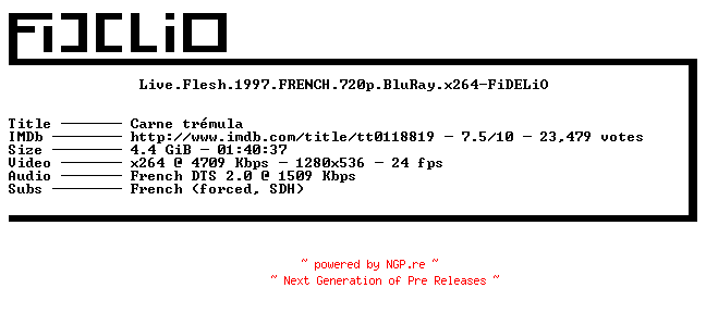 NFO for the release Live.Flesh.1997.FRENCH.720p.BluRay.x264-FiDELiO by FiDELiO