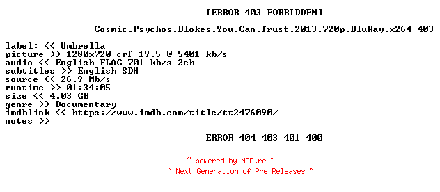 NFO for the release Cosmic.Psychos.Blokes.You.Can.Trust.2013.720p.BluRay.x264-403 by 403