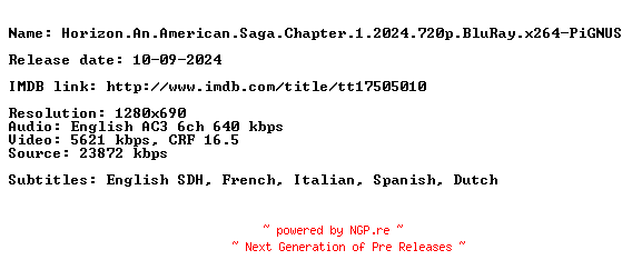 NFO for the release Horizon.An.American.Saga.Chapter.1.2024.720p.BluRay.x264-PiGNUS by PiGNUS