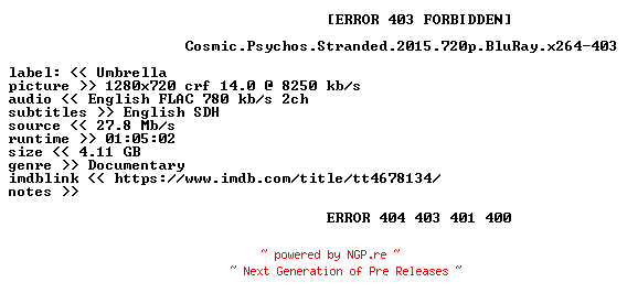 NFO for the release Cosmic.Psychos.Stranded.2015.720p.BluRay.x264-403 by 403