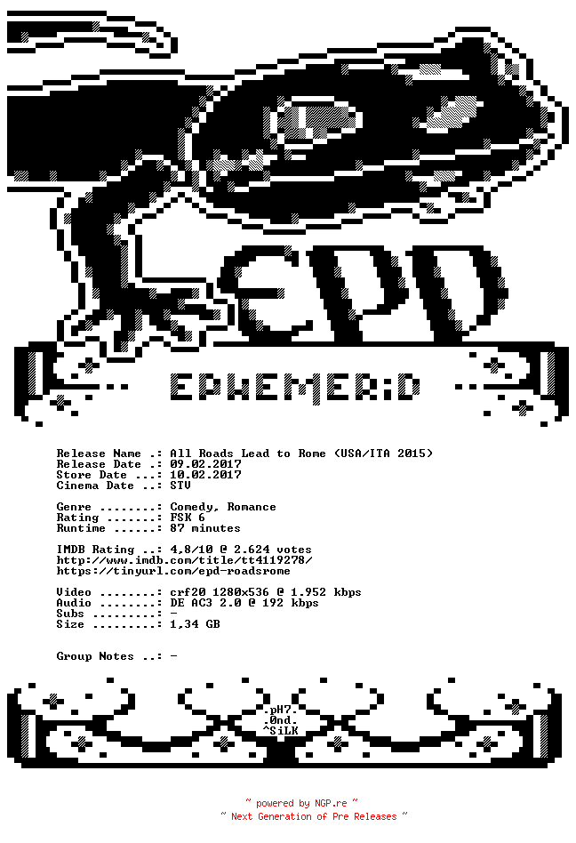 NFO for the release All.Roads.Lead.to.Rome.2015.German.720p.BluRay.x264-EPHEMERiD by EPHEMERiD