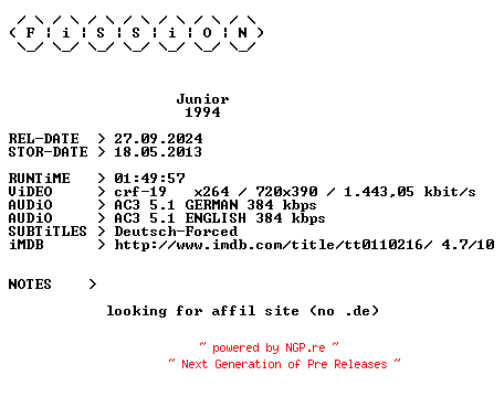 NFO for the release Junior.German.1994.DL.BDRiP.x264.iNTERNAL-FiSSiON by FiSSiON