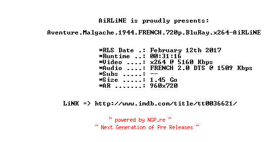 NFO for the release Aventure.Malgache.1944.FRENCH.720p.BluRay.x264-AiRLiNE by AiRLiNE