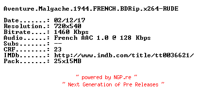 NFO for the release Aventure.Malgache.1944.FRENCH.BDRip.x264-RUDE by RUDE