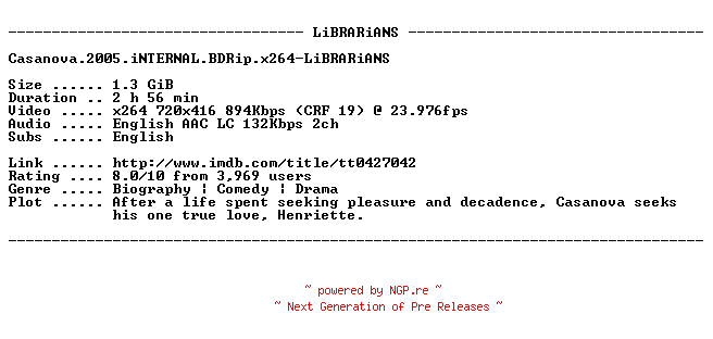 NFO for the release Casanova.2005.iNTERNAL.BDRip.x264-LiBRARiANS by LiBRARiANS