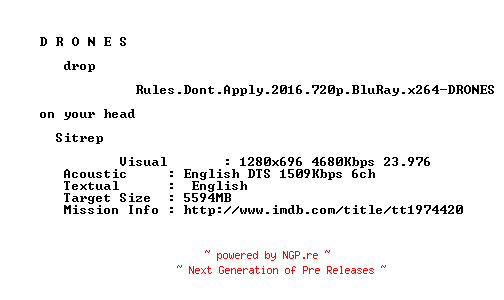 NFO for the release Rules.Dont.Apply.2016.720p.BluRay.x264-DRONES by DRONES