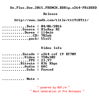 NFO for the release Un.Plus.Une.2015.FRENCH.BDRip.x264-PRiDEHD by PRiDEHD