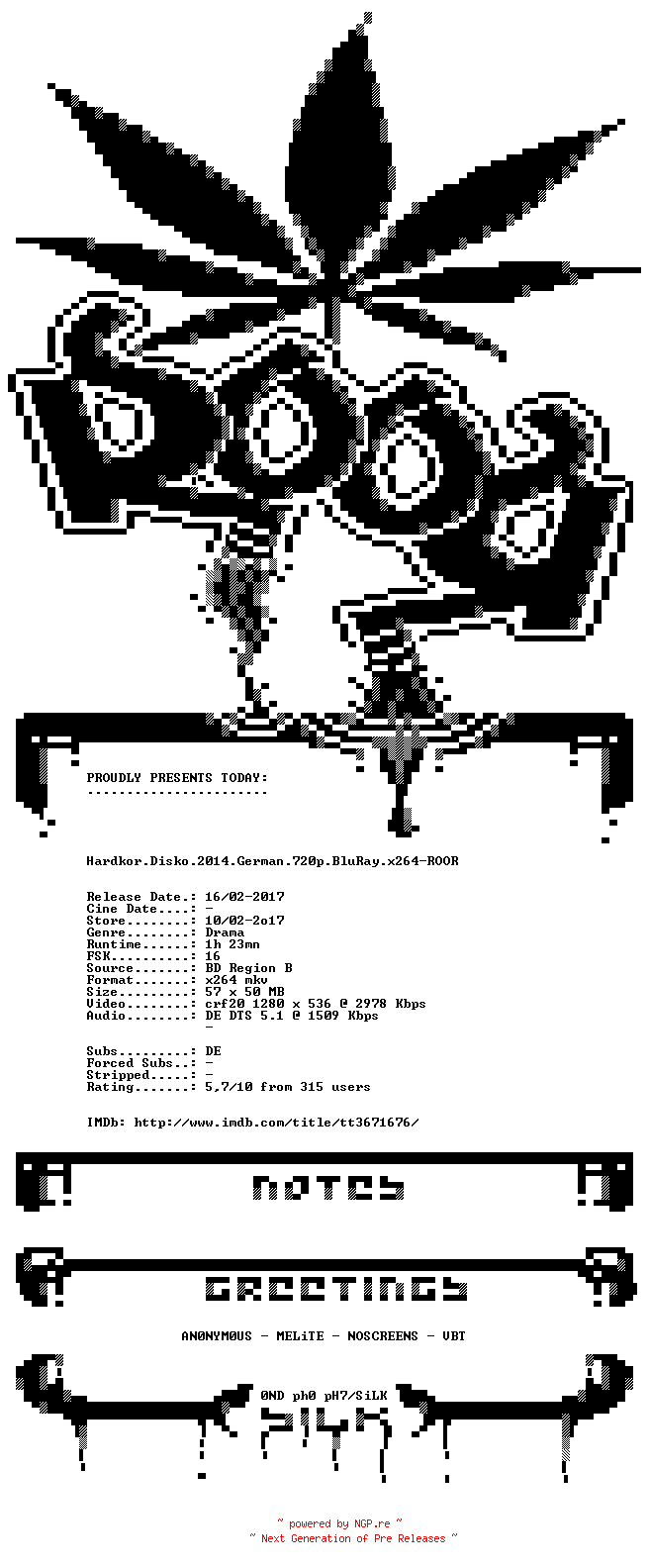 NFO for the release Hardkor.Disko.2014.German.720p.BluRay.x264-ROOR by ROOR