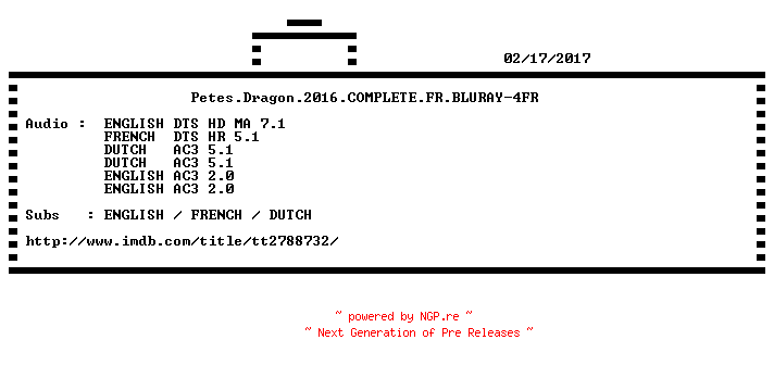 NFO for the release Petes.Dragon.2016.COMPLETE.FR.BLURAY-4FR by 4FR