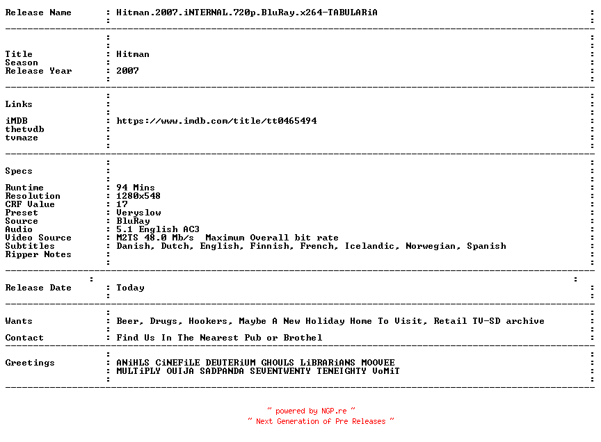 NFO for the release Hitman.2007.iNTERNAL.720p.BluRay.x264-TABULARiA by TABULARiA