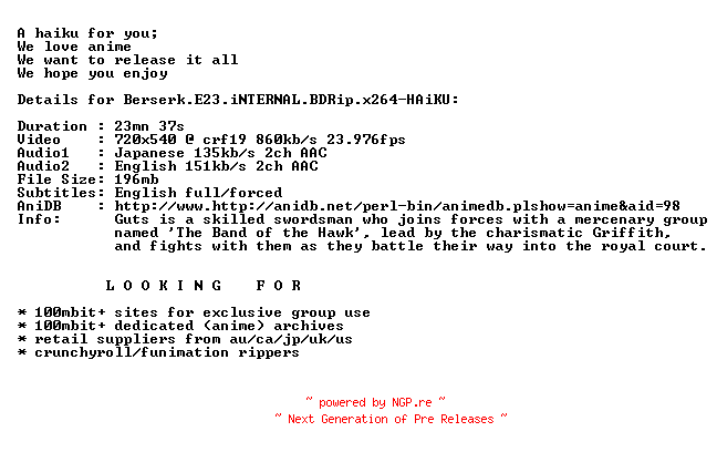 NFO for the release Berserk.E23.iNTERNAL.BDRip.x264-HAiKU by HAiKU