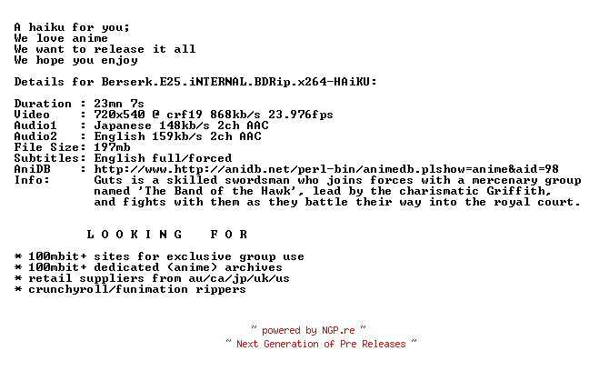 NFO for the release Berserk.E25.iNTERNAL.BDRip.x264-HAiKU by HAiKU