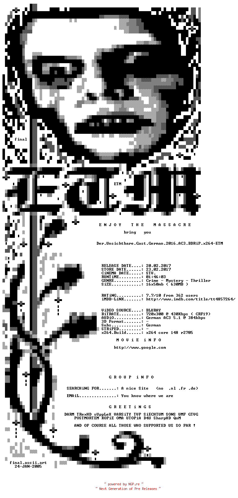 NFO for the release Der.Unsichtbare.Gast.German.2016.AC3.BDRiP.x264-ETM by ETM