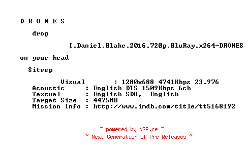 NFO for the release I.Daniel.Blake.2016.720p.BluRay.x264-DRONES by DRONES