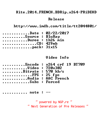 NFO for the release Kite.2014.FRENCH.BDRip.x264-PRiDEHD by PRiDEHD