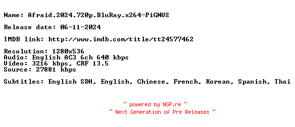 NFO for the release Afraid.2024.720p.BluRay.x264-PiGNUS by PiGNUS