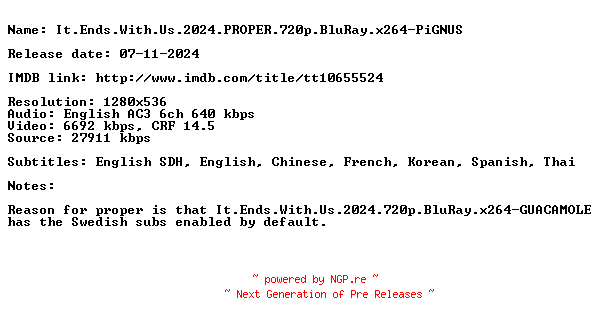 NFO for the release It.Ends.With.Us.2024.PROPER.720p.BluRay.x264-PiGNUS by PiGNUS