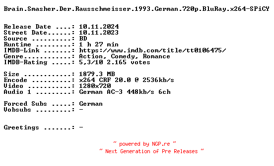 NFO for the release Brain.Smasher.Der.Rausschmeisser.1993.German.720p.BluRay.x264-SPiCY by SPiCY