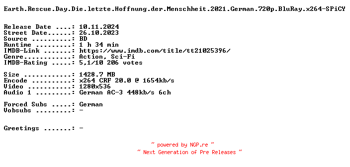NFO for the release Earth.Rescue.Day.Die.letzte.Hoffnung.der.Menschheit.2021.German.720p.BluRay.x264-SPiCY by SPiCY
